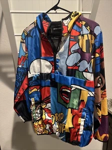 Reason Brand Windbreaker Hoodie Mens Medium Pullover Pockets Multicolor Pop Art - Picture 1 of 24