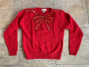 Vintage 80s Womens Large Red Lambswool Angora Blend Sweater Sequin Bow Christmas - Picture 1 of 8