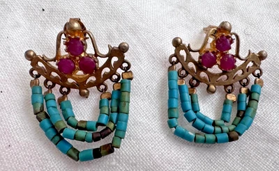 Earrings Turquoise Bead and Red Stone 925 Pierced Posts Turkey  1 1/8" Length - Изображение 1 из 4