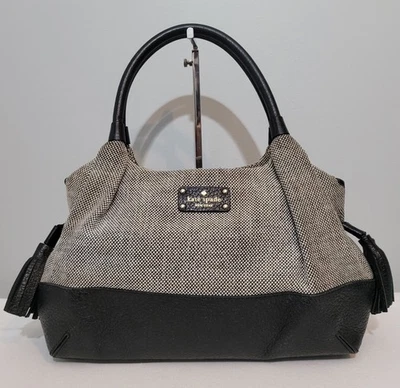 Kate Spade Stevie Satchel Shoulder Bag Black White Woven Fabric Leather  CA57710 - Image 1 of 4