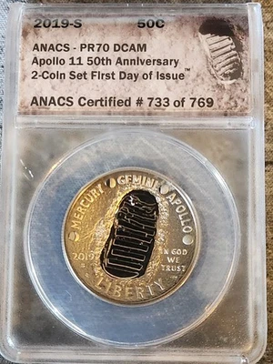 2019-S Apollo 11 50th Anniversary Proof PR70 DCAM First Day Issue ANACS 733/769 - Image 1 of 2