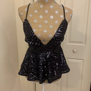 Forever 21 Y2K Sequin Babydoll Top Small Black Plunge Glam Fairy Club Indie Slee - Picture 1 of 14