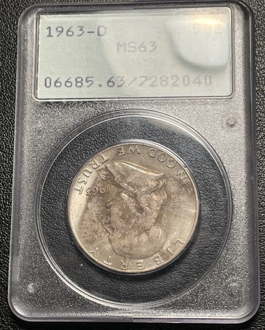 PCGS MS63 1963-D Franklin Half Darkly Toned Rattler OGH Cover