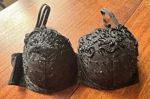 Vintage Victoria Secret Limited Edition Black Beaded/Lace/Satin Push Up Bra 34C - Picture 1 of 5