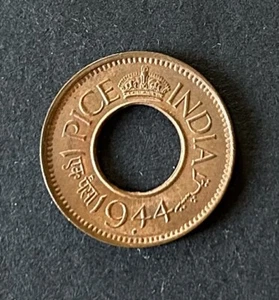1944 1 Stück Britisch-Indien Vintage Münze KM#532 SELTEN Kranz umrandet Mittelloch - Bild 1 von 7