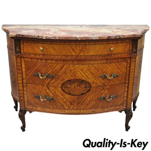 Early 20th C French Louis XV Style Demilune Pink Marble Top Bombe Commode Chest Cover