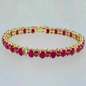 8Ct Oval Red Ruby Lab-Created Womens Tennis Bracelet 14K Yellow Gold Plated 7"in - Picture 1 of 4