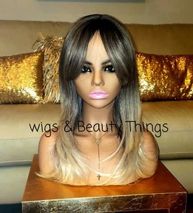 Balayage Wig - Human Hair Blend Platinum Blonde Silver Black Rainbow Multicolor - Picture 1 of 9