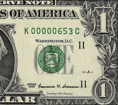 1999 $1 Federal Reserve Note Low 3 digit Serial Number Dallas K00000653C PMG 66 - Image 1 of 4