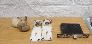 Antike RHC Einsteck Türklinke Set Metall 2 1/4" Knöpfe Backplates alte Farbe ohne Schlüssel - Bild 1 von 9