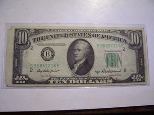 1950 B ERROR CUT TEN DOLLAR US FEDERAL RESERVE NEW YORK SERIAL # B 95857216 F - Picture 1 of 4