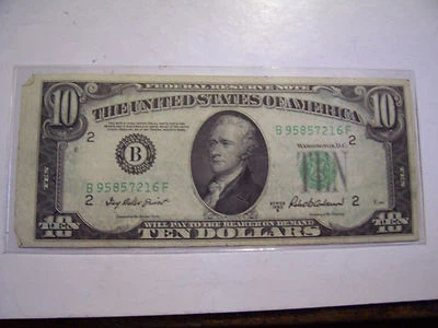 1950 B ERROR CUT TEN DOLLAR US FEDERAL RESERVE NEW YORK  SERIAL # B 95857216 F - Image 1 of 4