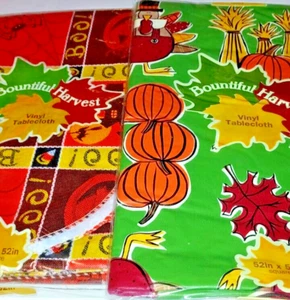 2 Bountiful Harvest Autumn Vinyl Tablecloth Fall Pumpkins Leaves Turkey 52x52 in - Picture 1 of 2