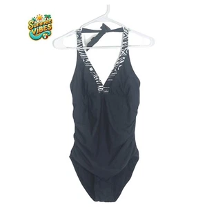 Assets by Spanx Pinup Halter Swimsuit Sz L Tummy Control Black Zebra Ruched - Picture 1 of 9