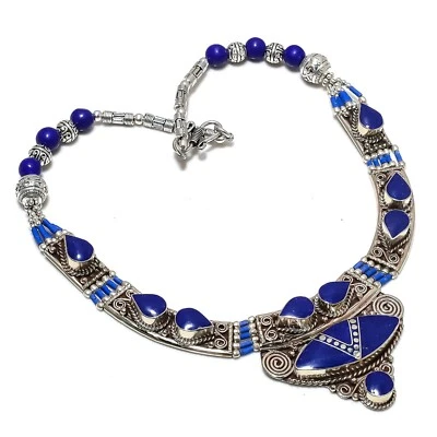 Lapis Lazuli Gemstone 925 Sterling Silver Jewelry Boho Nepali Necklace For Gift - Image 1 of 4