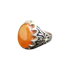 Großer 925 Sterling Silber Ring Heilung Natur Orange Aqeeq Jemen Achat - Bild 1 von 15