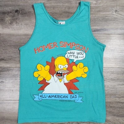 Vintage 90's The Simpsons Homer All American Dad Green Beach Tank Top Shirt Sz M - Image 1 of 4