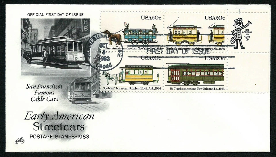 USA, SCOTT # 2059-2062, ARTCRAFT FDC COVER - ZIP BLOCK EARLY AMERICAN STREETCARS - Image 1 of 1