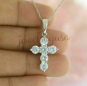 Round Certified Lab Grown Diamond Cross Pendant 18"Chain Necklace 925 Silver - Picture 1 of 6