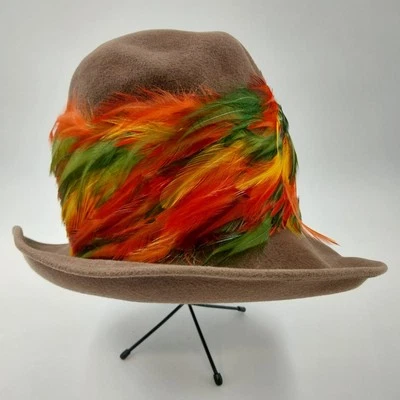Mr Josephs Original Brown Fedora Felt Coche Hat w Multicolor Feathers New York - Image 1 of 4