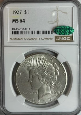 1927 Peace Dollar NGC MS64, CAC - Lovely White Luster, Rare In CAC - Elite++ - Image 1 of 4