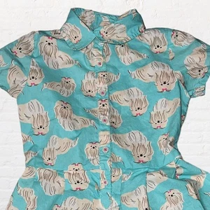 Carter's Girls Dog Print Dress Blue Shih Tzu Puppy Button Front Size 6 Casual - Picture 1 of 8