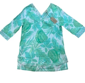 Christian Siriano Green Tropical Tunic Top V Neck Embroidered Trim Women’sSize S - Picture 1 of 7