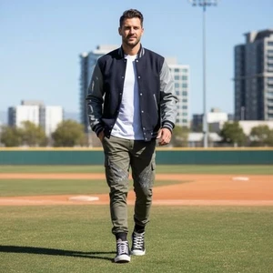 Men College Baseball Varsity Letterman Black Grey Bomber Wool PU Leather Jacket - Picture 1 of 4