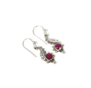 925 Solid Sterling Cut Red Simulated Ruby Hook Earring y358 - Picture 1 of 4