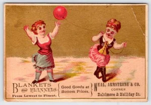 BLANKETS & FLANNELS*NEAL ARMSTRONG & CO*GIRLS*RED BALLOON*BALTIMORE TRADE CARD - Picture 1 of 2