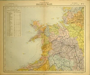 1883 LETTS MAP NORTH WEST ENGLAND & WALES MONTGOMERY CAERNARVON ANGLESEY - Afbeelding 1 van 5