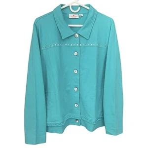 Quacker Factory Jacket Womens XL Turquoise Blue Cropped Rhinestone Spring Easter - Picture 1 of 8