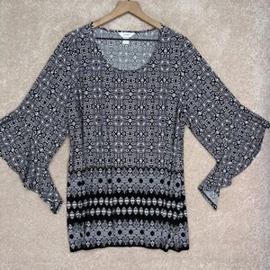 CJ BANKS Black Abstract Print Top Size 1X Bell Sleeve Stretch Polyester - Picture 1 of 7