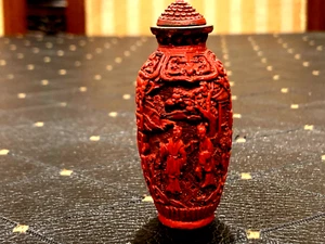 SCHÖNE ANTIKE CHINESISCHE ZINNOBER LACK SCHNUPFTABAKFLASCHE SIGNIERT - Bild 1 von 12