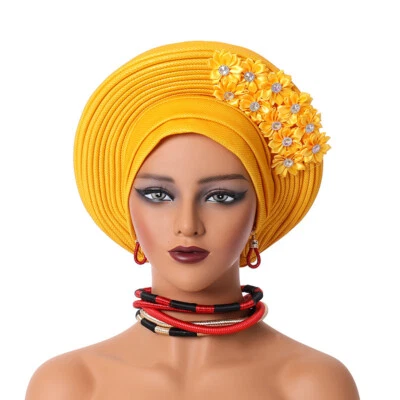 Nigerian Aso Oke African Headtie Auto Gele Hijab Caps Women Turban Head Wrap Hat