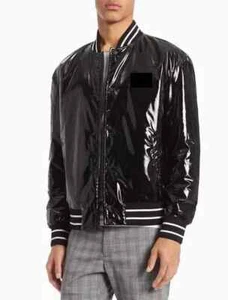 Men Black Varsity Jacket PVC Vinyl Waterproof Shinny Patent Fashion Coat - Picture 1 of 2