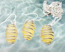 Wire Wrapped Yellow sea glass pendant necklace & dangle earrings set
