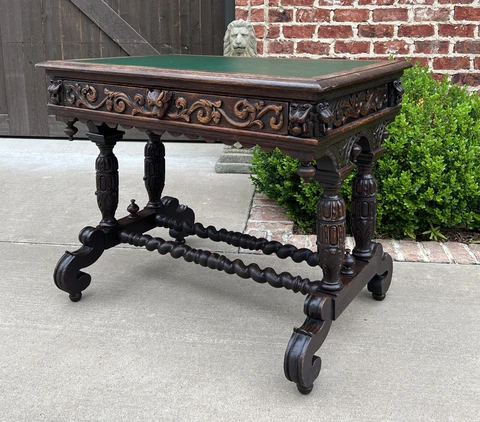 Antique English Desk Table with Drawer Oak Leather Top Barley Twist PETITE Cover