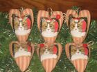Christmas Decor  6 Homespun Ticking  Hearts Ornaments Cat with Santa Hat Fabric