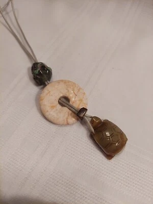 Hand carved, Agate Sea Turtle, round Stone, Glass Bead Pendant, Necklace (D11) - Image 1 of 4