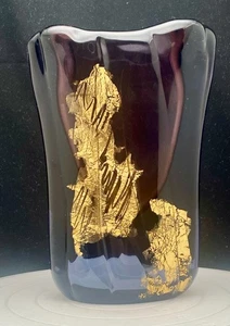 Jarrón dorado de vidrio ALFREDO BARBINI SOMMERSO AÑOS 60 DE COLECCIÓN 8,75" PÚRPURA Y AZUL en muy buena condición - Imagen 1 de 12