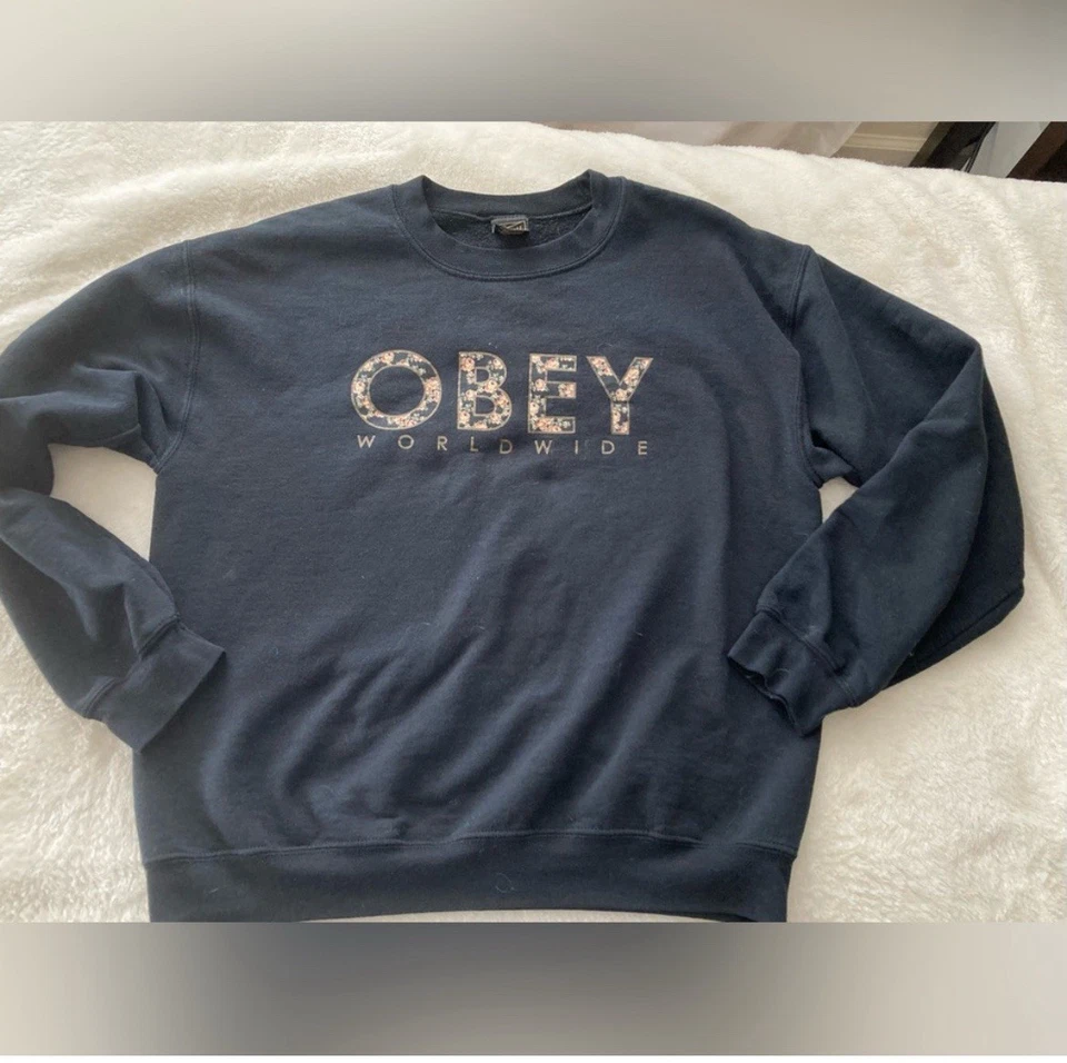 女式 Obey 卫衣黑色中号圆领花卉字母 — 第 1/4 张图片