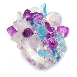 Purple/Milky White/Light Blue Glass Bead Cluster Band Style Flex Ring/ Size M - Picture 1 of 6