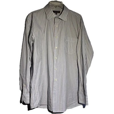 Santorelli White/Tan/Blue Striped Point Collar Trim Fit Shirt Size 17L - Image 1 of 4
