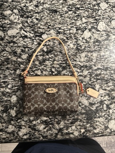 Portafoglio Coach Firmato Rivestito Tela Zip Polso Marrone Marrone Marrone Rosso Accenti