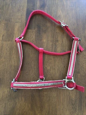 Pony Nylon Red Halter With Gold Accents Adjustable Nose & Crown Throat Snap - Image 1 of 4