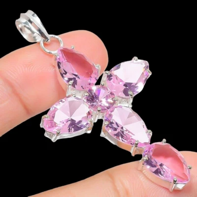 Розовый морганит драгоценный камень ручной работы серебро 925 пробы ювелирные изделия вид Иисуса подвеска - Изображение 1 из 4