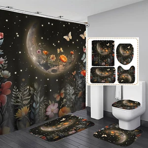 4 Pcs Moon Shower Curtain Set Black Bathroom Sets with Shower Curtain and Rug... - Picture 1 of 6
