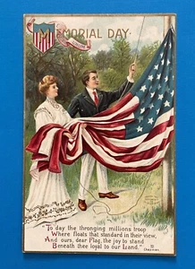 Memorial Day Postcard Man and Woman Raising an American Flag on Pole Patriotic - Picture 1 of 2