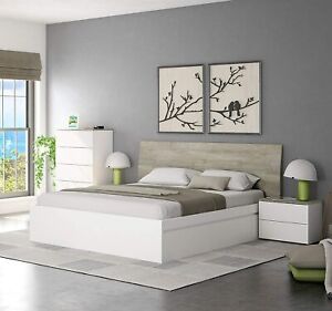Pack dormitorio matrimonio color blanco y roble (cama+cabecero+mesitas+cómoda)
